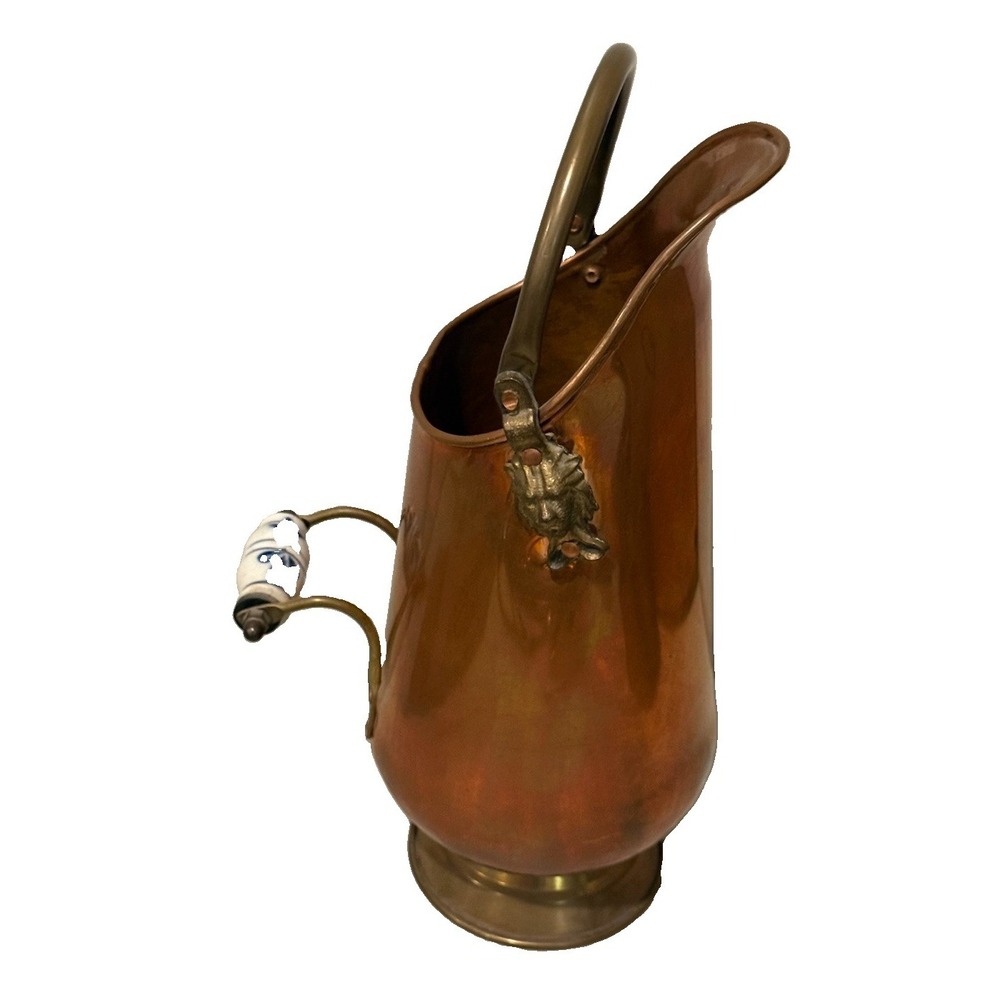 Vintage Copper Coal Scuttle/Bucket W/ Ceramic Handle Lion Decoratives, 13" Tall
